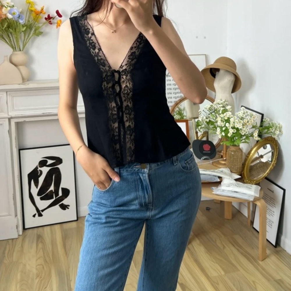 New Reformation Cristina Lace French Top Black Vest